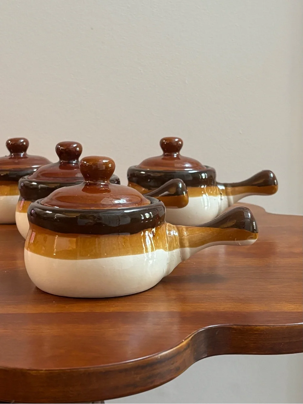 Vintage 1970’s Set of 4 Stoneware Soup Bowls with Lids and Multi Tone Glaze